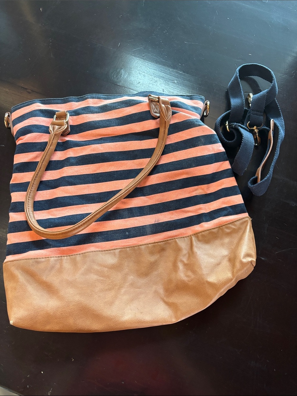 Striped Navy and Coral Tote Bag
